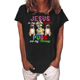 Jesus Is My Savior Pugs Are My Therapy Cute Pugs Easter Eggs Women's Loosen Crew Neck Short Sleeve T-Shirt | Mazezy