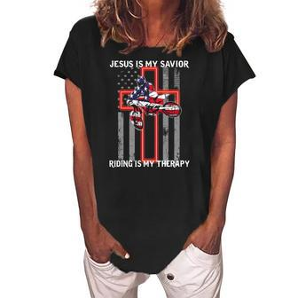 Jesus Is My Savior Riding Is My Therapy Us Flag Women's Loosen Crew Neck Short Sleeve T-Shirt | Mazezy