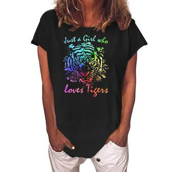 Just A Girl Who Loves Tigers Retro Vintage Rainbow Graphic Women's Loosen Crew Neck Short Sleeve T-Shirt