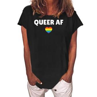 Lgbt Pride - Queer Af Rainbow Flag Heart Women's Loosen Crew Neck Short Sleeve T-Shirt | Mazezy