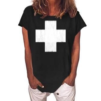 Lightly Weathered Peace Christ White Cross Paint On Various Women's Loosen Crew Neck Short Sleeve T-Shirt | Mazezy