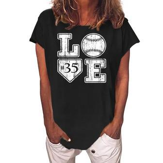 Love Baseball Softball Mom Vintage Distressed Home Plate 35 Vintage Women's Loosen Crew Neck Short Sleeve T-Shirt | Mazezy