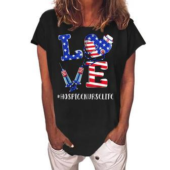 Love Hospice Nurse Life 4Th Of July American Flag Patriotic Women's Loosen Crew Neck Short Sleeve T-Shirt - Seseable
