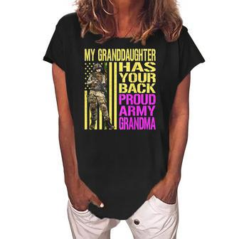 My Granddaughter Has Your Back Proud Army Grandma Military Women's Loosen Crew Neck Short Sleeve T-Shirt | Mazezy