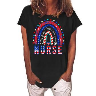 Nurse Stethoscope Rainbow Memorial Day 4Th Of July Nursing Women's Loosen Crew Neck Short Sleeve T-Shirt - Seseable