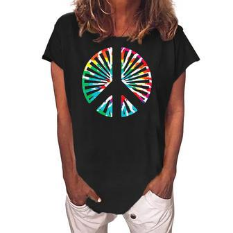 Peace Sign Rainbow Colors 70S 80S Party Women's Loosen Crew Neck Short Sleeve T-Shirt | Mazezy