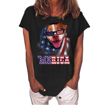 Pitbull Mom Dad Merica Flag 4Th Of July Pitbull Dog Lovers Women's Loosen Crew Neck Short Sleeve T-Shirt - Seseable