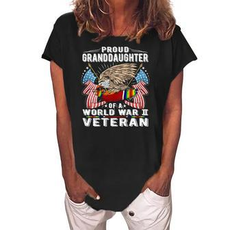 Proud Granddaughter Of A World War 2 Veteran Army Vet Family Women's Loosen Crew Neck Short Sleeve T-Shirt | Mazezy