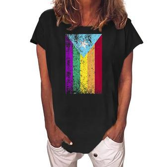 Puerto Rico Gay Pride Rainbow Flag Women's Loosen Crew Neck Short Sleeve T-Shirt | Mazezy