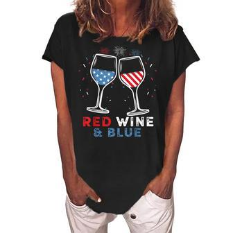 Red Wine And Blue Funny 4Th Of July Wine Lover Patriotic Women's Loosen Crew Neck Short Sleeve T-Shirt - Seseable