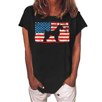 Schnauzer For Dog Mom Dog Dad Usa Flag 4Th Of July Women's Loosen Crew Neck Short Sleeve T-Shirt - Seseable