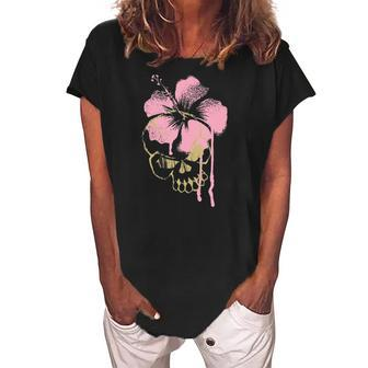 Skull Pink Flower Hibiscus Graphic Women's Loosen Crew Neck Short Sleeve T-Shirt | Mazezy