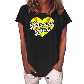 Softball Heart Diamond Divas Teamball League Girls Gift Women's Loosen Crew Neck Short Sleeve T-Shirt | Mazezy