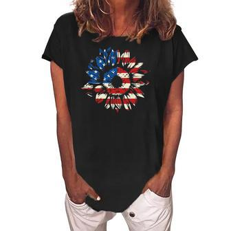 Sunflower American Flag Patriotic 4Th Of July Women's Loosen Crew Neck Short Sleeve T-Shirt | Mazezy