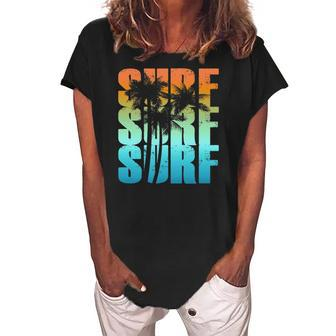 Surfing Sunset Palm Tree Cool Summer Vacation Men Women Surf Women's Loosen Crew Neck Short Sleeve T-Shirt | Mazezy