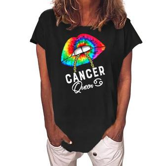 Tie Dye Cancer Queen Lips Zodiac July June Queens Womens Women's Loosen Crew Neck Short Sleeve T-Shirt | Mazezy