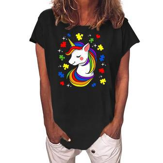 Unicorn Puzzle Piece Autism Awareness Boys Girls Women Women's Loosen Crew Neck Short Sleeve T-Shirt | Mazezy