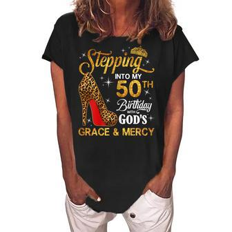 Womens 50Th Birthday Leopard Shoes Stepping Into My 50Th Bday Women's Loosen Crew Neck Short Sleeve T-Shirt - Seseable