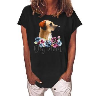 Womens Black Mouth Cur Dog Mom Floral Women's Loosen Crew Neck Short Sleeve T-Shirt | Mazezy