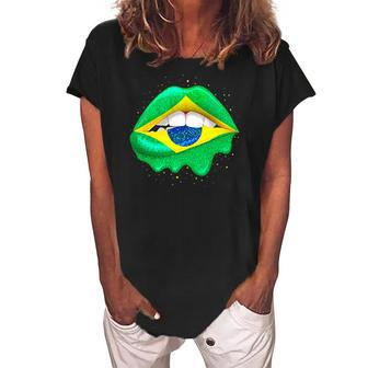 Womens Brazilian Flag Lips Women Girls Brazil Women's Loosen Crew Neck Short Sleeve T-Shirt | Mazezy