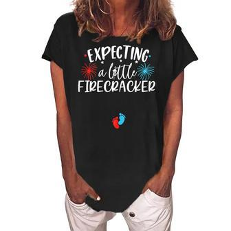 Womens Expecting A Little Firecracker Funny 4Th Of July Pregnant Women's Loosen Crew Neck Short Sleeve T-Shirt - Seseable
