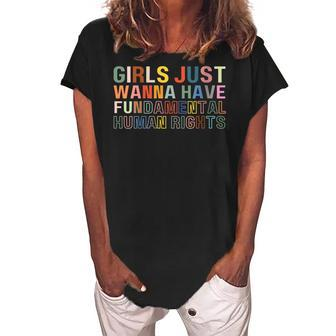Womens Girls Just Wanna Have Fundamental Rights Feminism Womens Women's Loosen Crew Neck Short Sleeve T-Shirt | Mazezy
