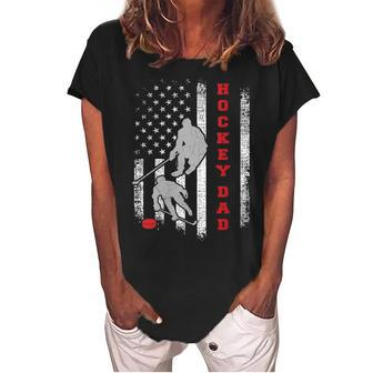 Womens Hockey Dad US American Flag 4Th Of July Gift Women's Loosen Crew Neck Short Sleeve T-Shirt - Seseable