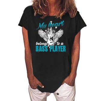 Womens My Heart Belongs To A Bass Player Wives Girlfriends Women's Loosen Crew Neck Short Sleeve T-Shirt | Mazezy