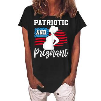 Womens Patriotic And Pregnant Baby Reveal 4Th Of July Pregnancy Women's Loosen Crew Neck Short Sleeve T-Shirt - Seseable