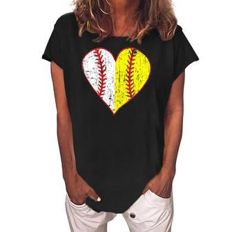 Womens Primitive Play Ball Love Baseball Softball Mom Heart Women's Loosen Crew Neck Short Sleeve T-Shirt | Mazezy