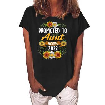 Womens Promoted To Aunt Again 2022 Sunflower New Aunt Women's Loosen Crew Neck Short Sleeve T-Shirt | Mazezy