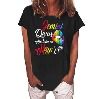 Womens Rainbow Lips Divas Are Born On May 24Th Gemini Girl Birthday Women's Loosen Crew Neck Short Sleeve T-Shirt | Mazezy