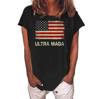 Womens Ultra Maga United State Flag Women's Loosen Crew Neck Short Sleeve T-Shirt | Mazezy