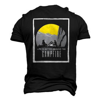 Dad And Son Outdoor Campfire On Mountain Summertime Men's 3D T-Shirt Back Print | Mazezy
