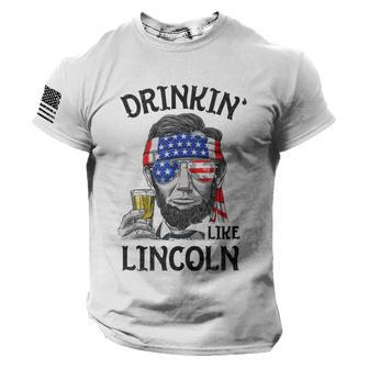 4Th Of July Drinking Like Lincoln Men Abraham Merica Flag American Flag On Sleeve Men Tee USA Distressed Flag T-Shirt - Seseable
