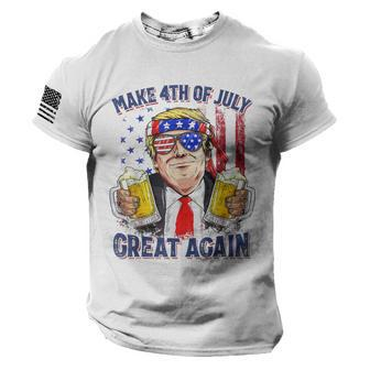 Make 4Th Of July Great Again Funny Trump Men Drinking Beer American Flag On Sleeve Men Tee USA Distressed Flag T-Shirt - Seseable
