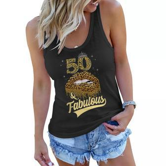 50 And Fabulous Queen Happy Birthday 50Th Leopard Sexy Lips Women Flowy Tank - Seseable