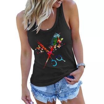 Colorful Comb And Scissors Barber Hairstylist Women Flowy Tank | Mazezy