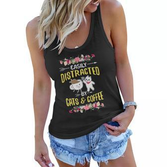 Easily Distracted By Cats And Coffee Cat Coffee Lover Women Flowy Tank | Mazezy