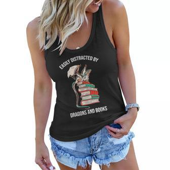 Easily Distracted By Dragons And Books Lover Funny Women Flowy Tank | Mazezy