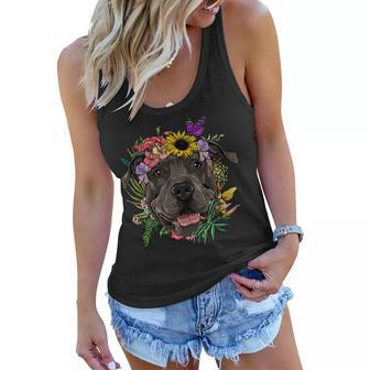 Floral Pit Bull Dog Spring Nature Dog Lovers T-Shirt Women Flowy Tank - Seseable