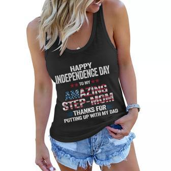 Happy 4Th Of July Step Mom Thanks For Putting Up With My Dad Women Flowy Tank - Seseable
