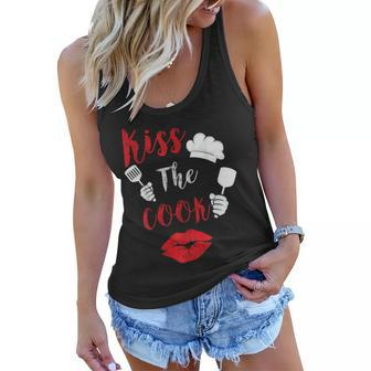 Kiss The Cook Chef Cooking Love Big Red Heart Valentines Day Women Flowy Tank - Seseable