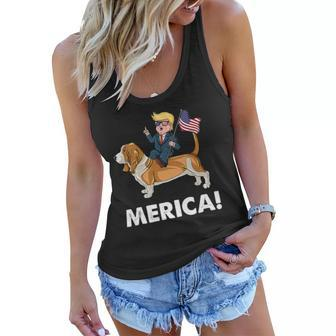 Trump Merica Riding A Basset Hound Dog 4Th July Women Flowy Tank | Mazezy