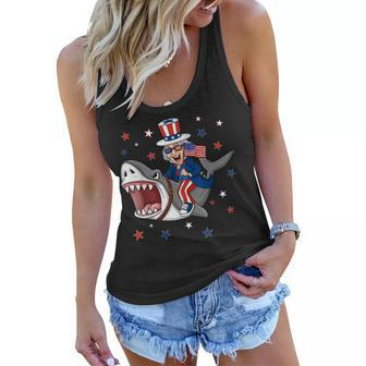 Uncle Sam Riding Shark 4Th Of July Patriotic Boys Kids Funny Women Flowy Tank - Seseable