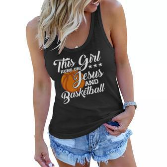 Womens This Girl Runs On Jesus And Basketball Christian Gift Women Flowy Tank | Mazezy