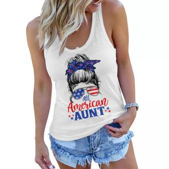 4Th Of July All American Aunt Messy Bun Patriotic Usa Flag Women Flowy Tank - Seseable