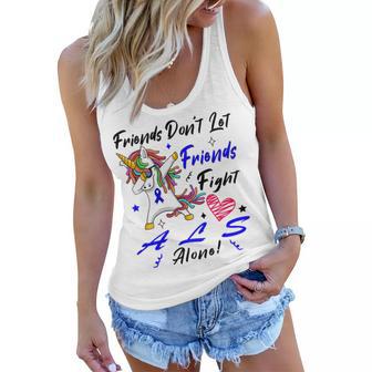 Friends Dont Let Friends Fight Als Alone Unicorn Blue Ribbon Amyotrophic Lateral Sclerosis Support Als Awareness Women Flowy Tank | Favorety