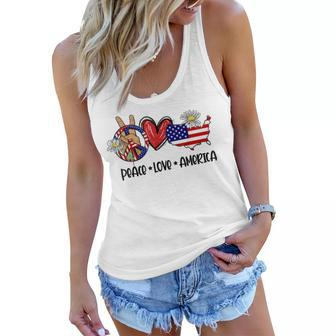 Peace Love America Usa Map Daisy Patriotic 4Th Of July Women Flowy Tank - Seseable