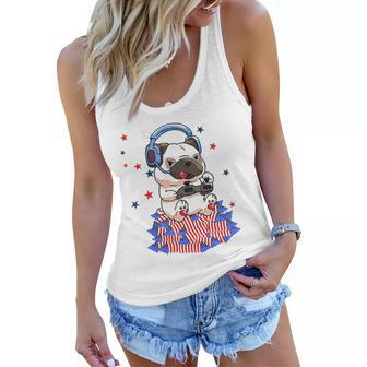Pug Game Puppy Controller 4Th Of July Boys Kids Video Gamer Women Flowy Tank | Mazezy